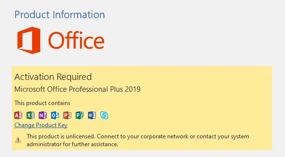 Microsoft Office 2019 Professional Plus activation settings screen