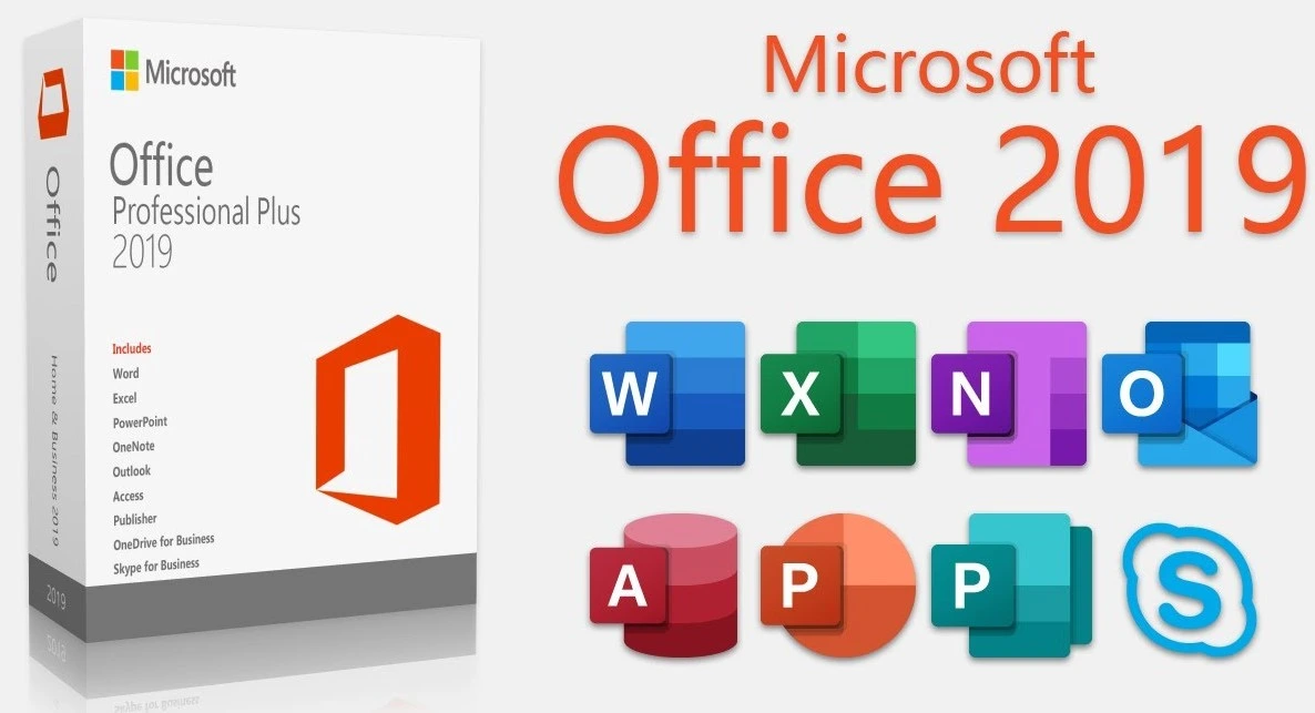 Microsoft Office 2019 Professional Plus interface showing Word, Excel and PowerPoint applications
