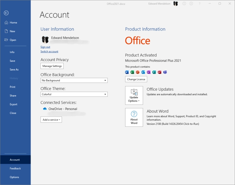 Microsoft Office 2021 Professional Plus activation settings screen