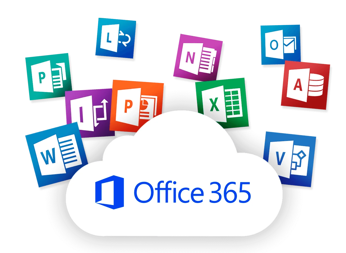 Microsoft Office 365 interface showing Word, Excel, PowerPoint and Outlook applications