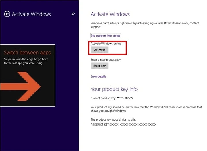 Windows 8.1 Pro Activation Settings Screen