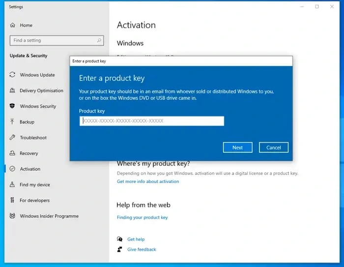 Windows 10 Home Activation Settings