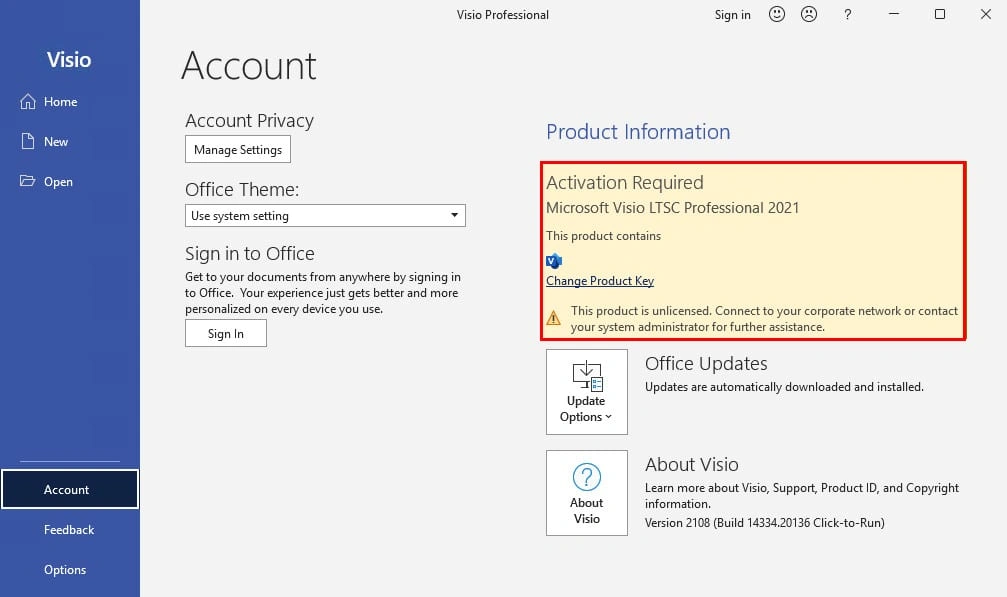 Microsoft Visio 2021 Professional 4 Microsoft Visio 2021 Professional activation screen